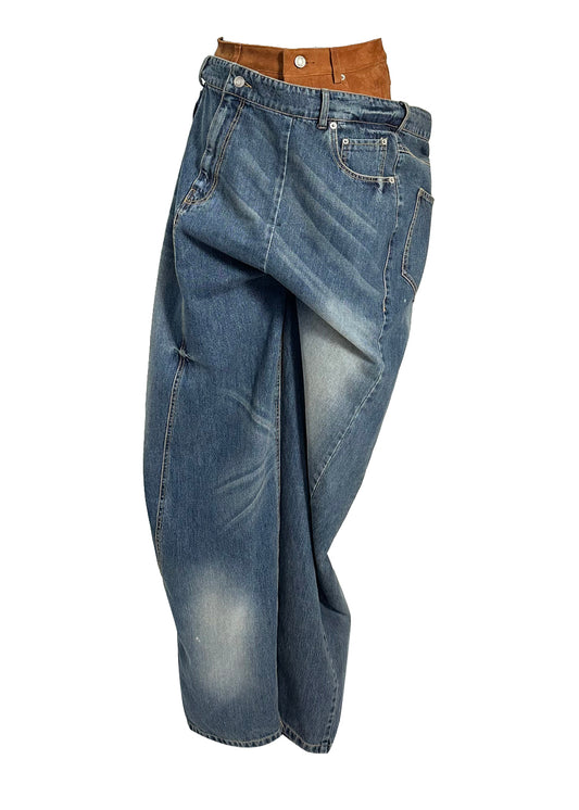 Juun.J Blue Denim Camel Suede Diagonal Layered Pants