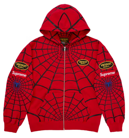 Supreme Vanson Leathers Spider-Man Zip Up Hooded Sweatshirt Red