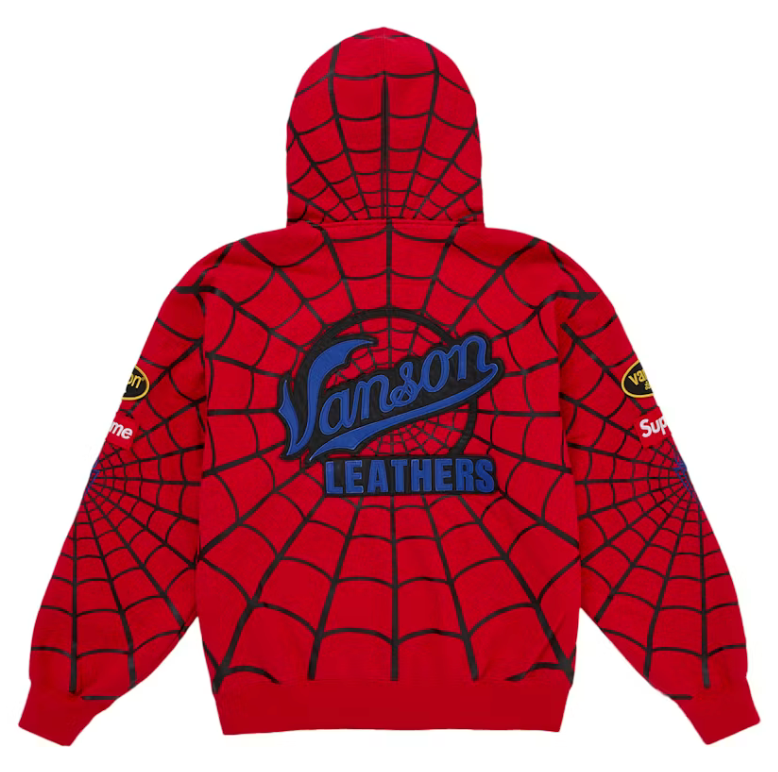 Supreme Vanson Leathers Spider-Man Zip Up Hooded Sweatshirt Red