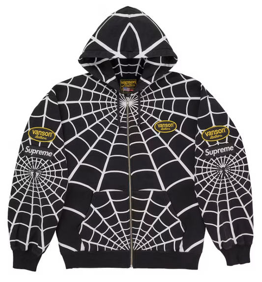 Supreme Vanson Leathers Spider-Man Zip Up Hooded Sweatshirt Black