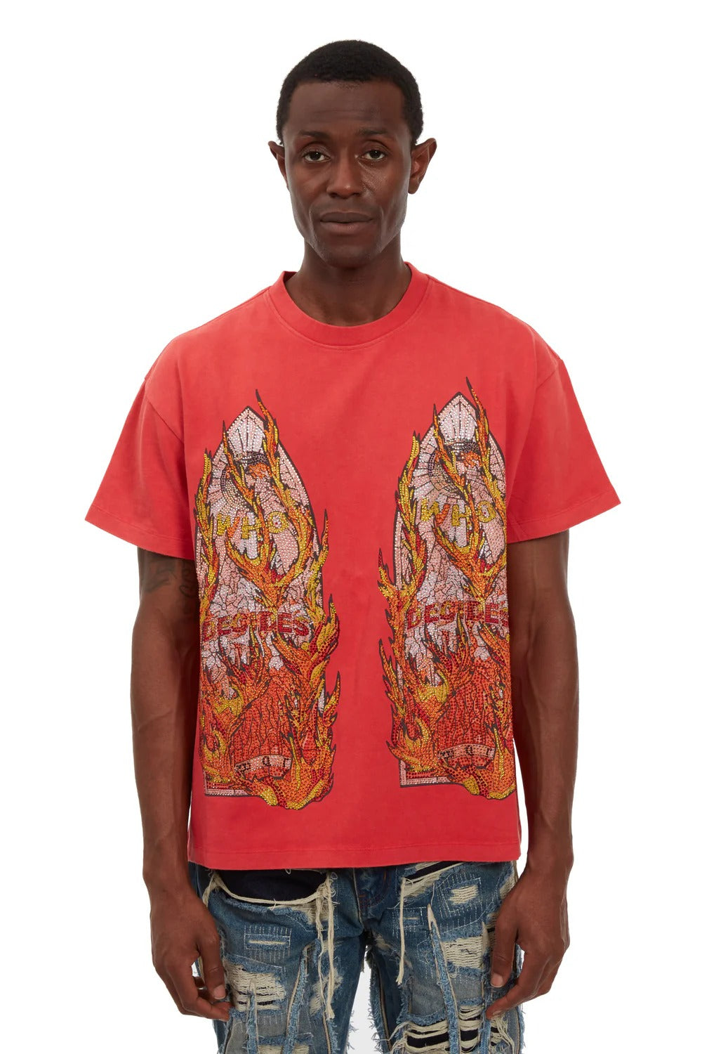 Who Decides War Rhinestone Flame Glass Jersey Ruby