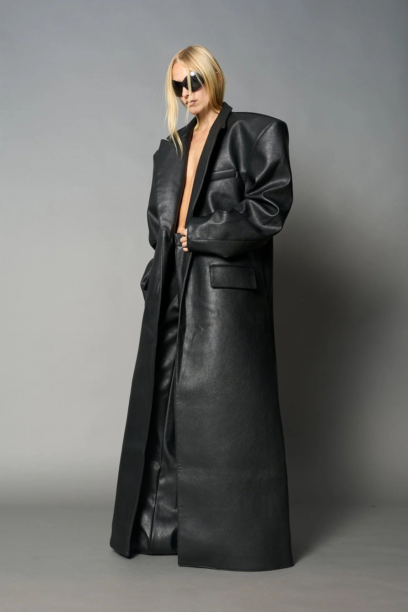 Namilia Leather Elongated Blazer Coat Black