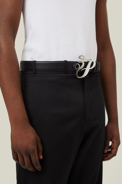 3.Paradis Large Cursive Silver Logo Belt Black