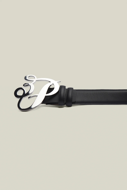 3.Paradis Large Cursive Silver Logo Belt Black