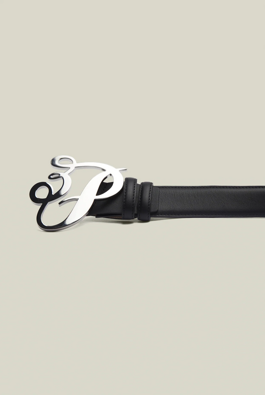 3.Paradis Large Cursive Silver Logo Belt Black