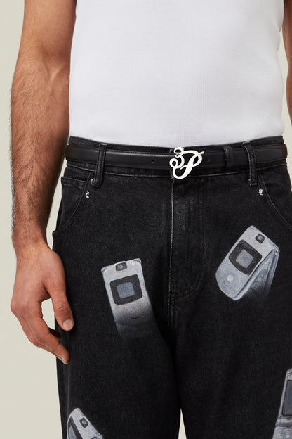 3.Paradis Thin Cursive Silver Logo Belt Black