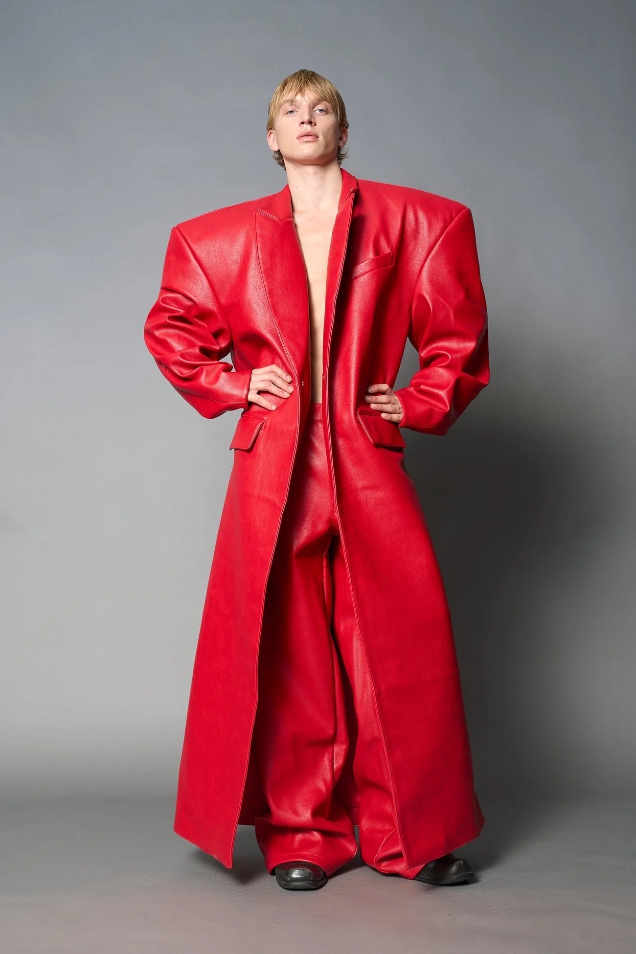Namilia Leather Elongated Blazer Coat Red